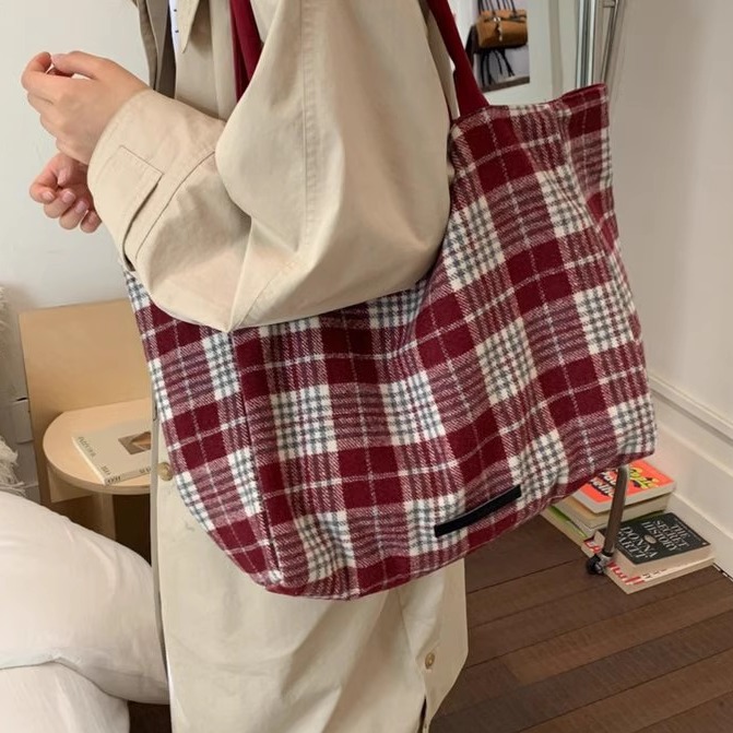 大容量双面格子手提购物袋女2025秋冬通勤单肩包旅行托特包妈咪包