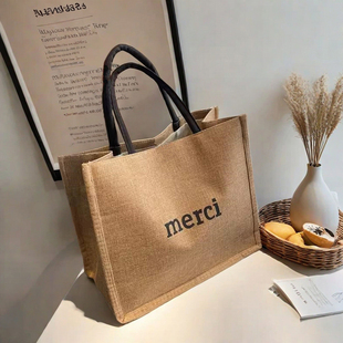 亚麻妈咪包通勤旅行包 外出2024新款 麻布手提包女手提袋拉链款 时尚