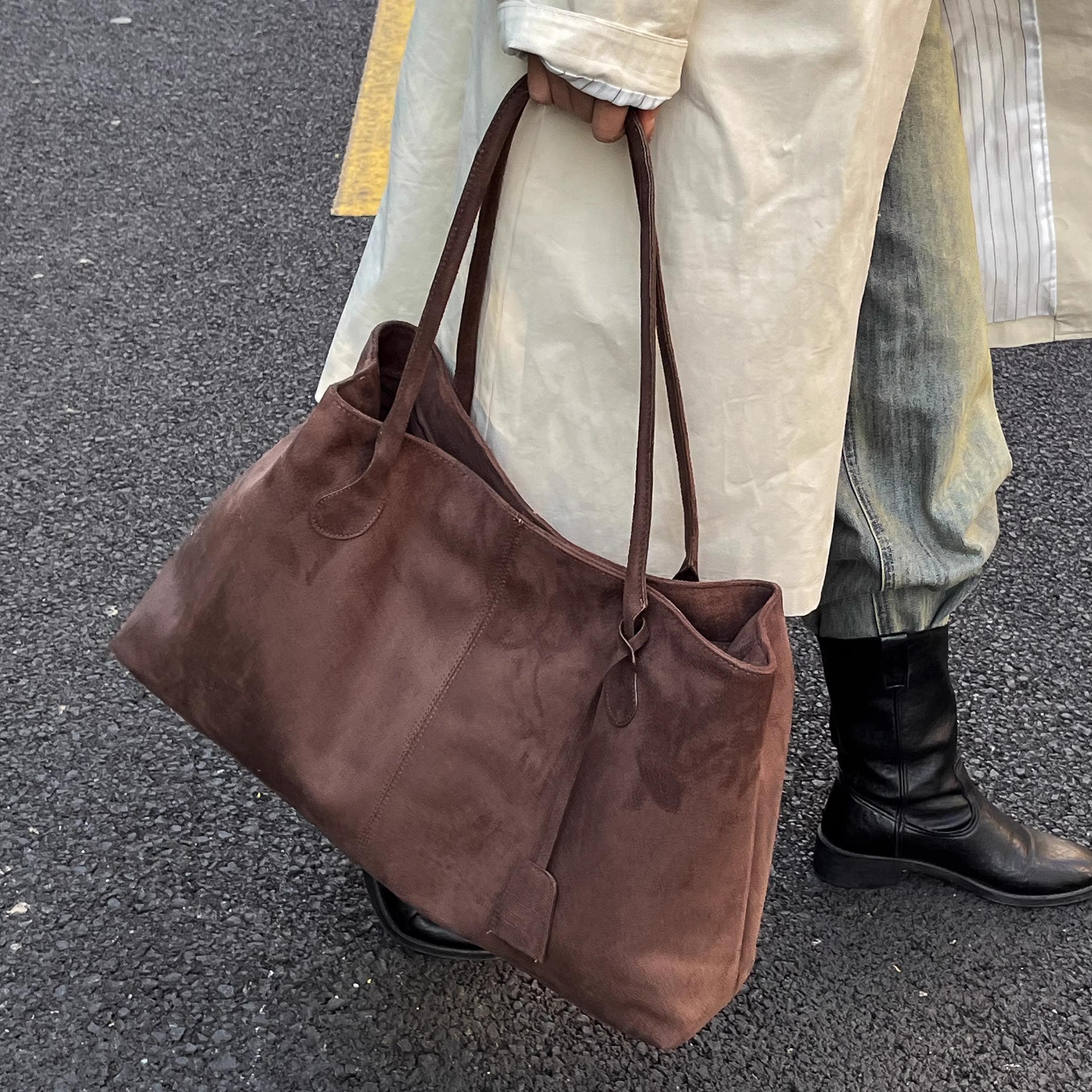 复古麂皮绒通勤托特包女2025秋冬大容量高级感手提包旅行单肩包潮