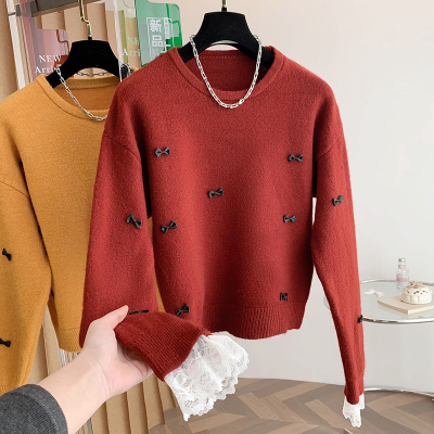 超好看蝴蝶结红色正肩毛衣女2025早秋大码胖mm蕾丝袖洋气减龄上衣