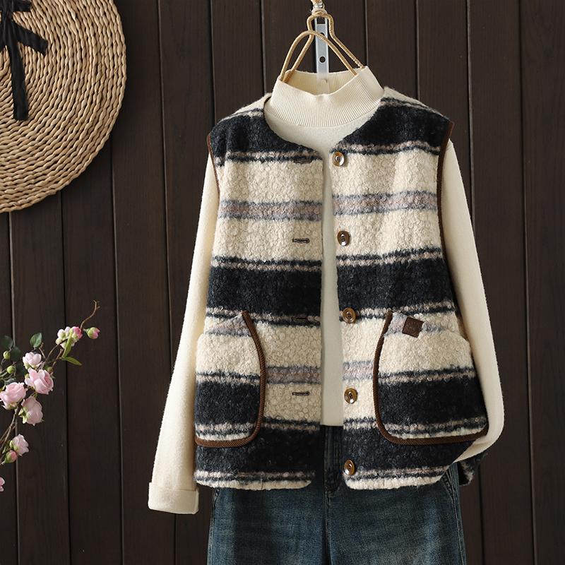 复古设计羊羔毛马甲女秋冬外搭撞色条纹圆领保暖坎肩叠穿马夹外套