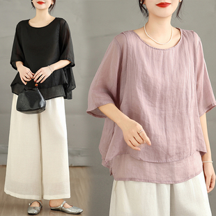 轻薄凉感减龄侧摆盘扣套头衬衫 文艺纯色假两件棉麻短袖 上衣女夏季