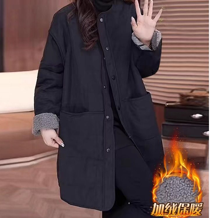 高端韩系大码羊羔毛无领夹棉棉服女士中长款胖mm加绒圆领棉衣外套,女装/女士精品,大码套装,淘宝优惠券,粉丝福利购,淘宝优惠卷
