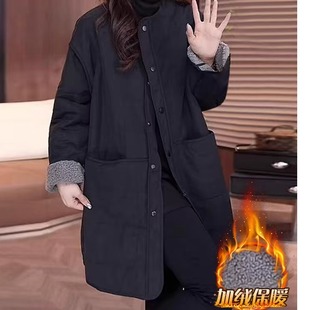 高端韩系大码羊羔毛无领夹棉棉服女士中长款胖mm加绒圆领棉衣外套