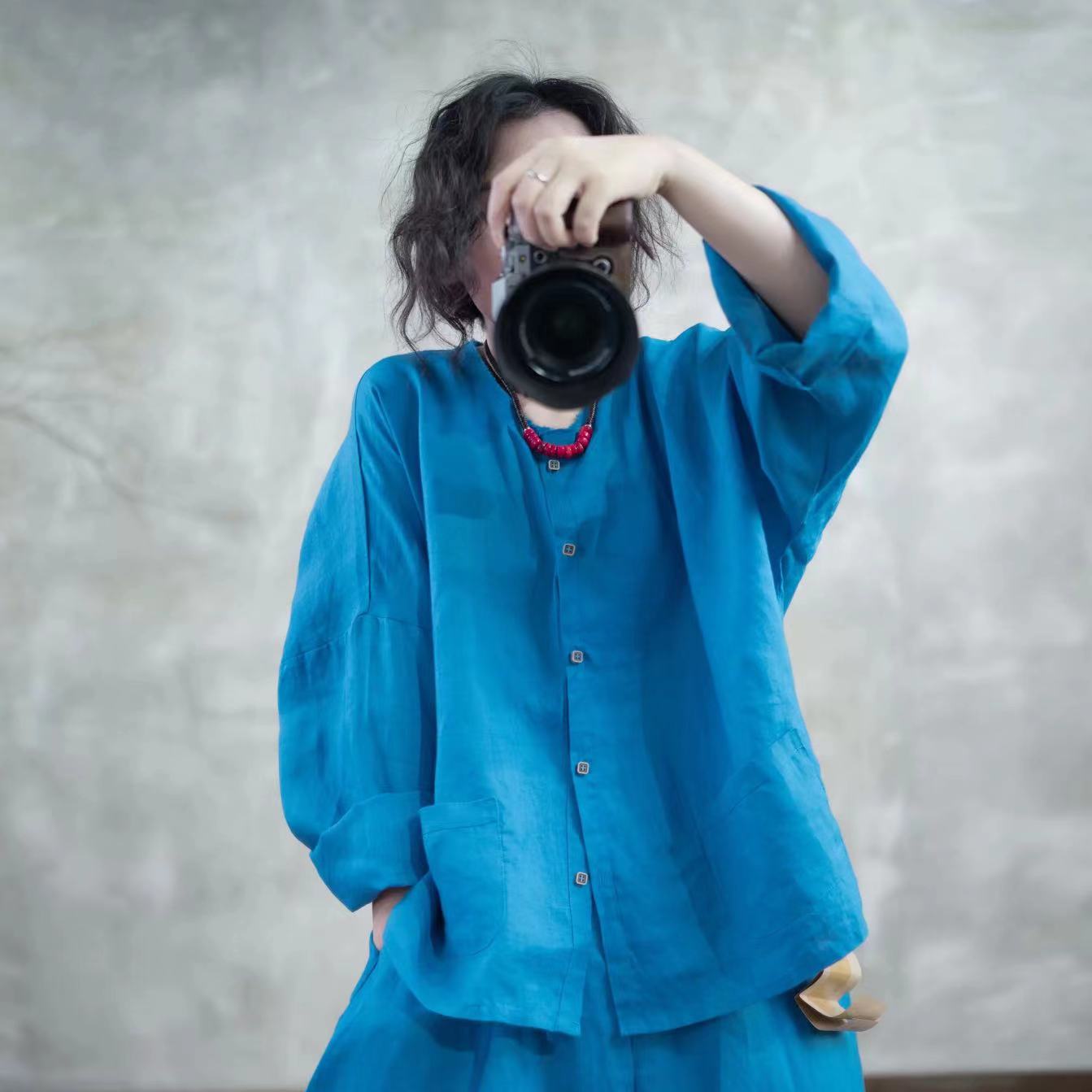 非实拍2024年早秋新款26009减龄蓝色气质圆领多巴胺亚麻休闲开衫