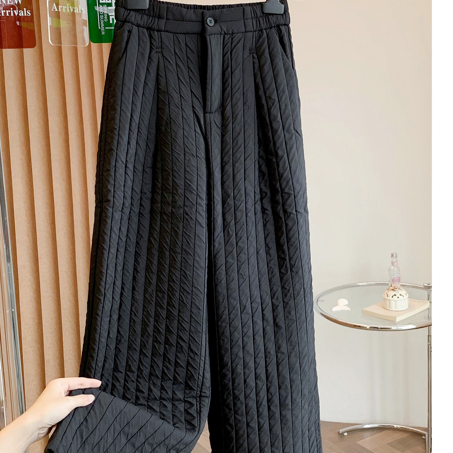 黑色绗缝条纹夹棉阔腿裤女冬季外穿松紧高腰时尚休闲保暖直筒棉裤