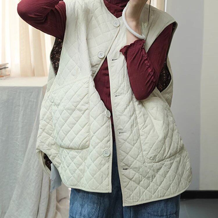 轻薄菱格棉马甲女秋冬新款休闲叠穿圆领坎肩宽松大码无袖夹棉马夹