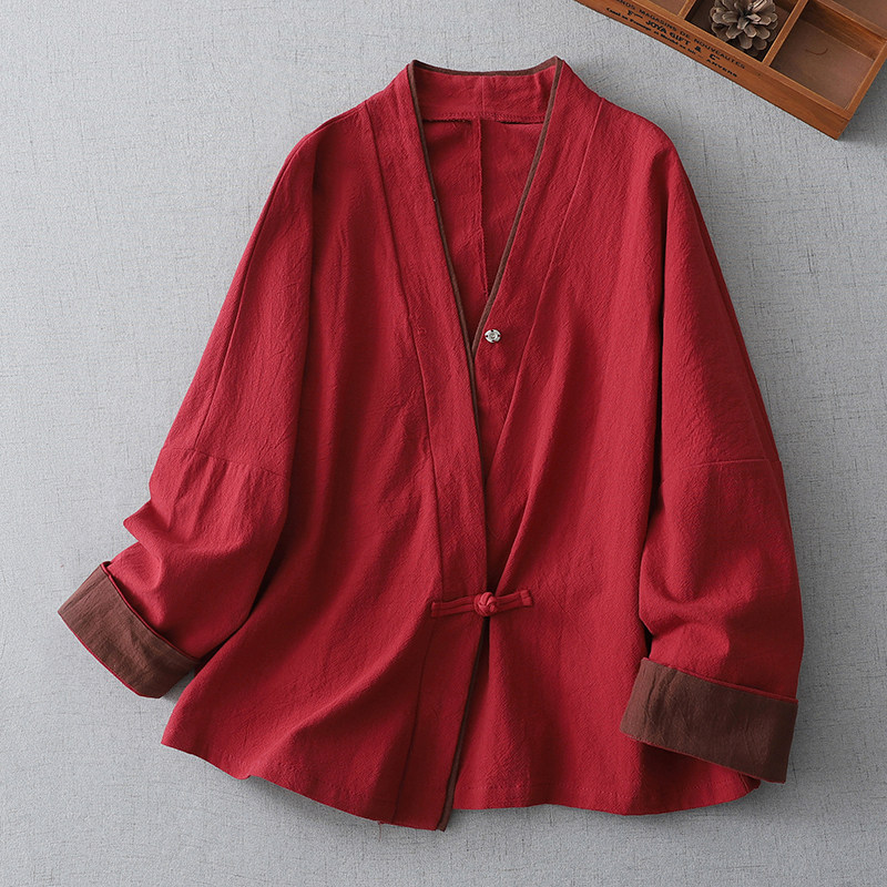 中国风亚麻红色衬衫女春季改良汉服盘扣唐装茶服高端棉麻开衫上衣图片