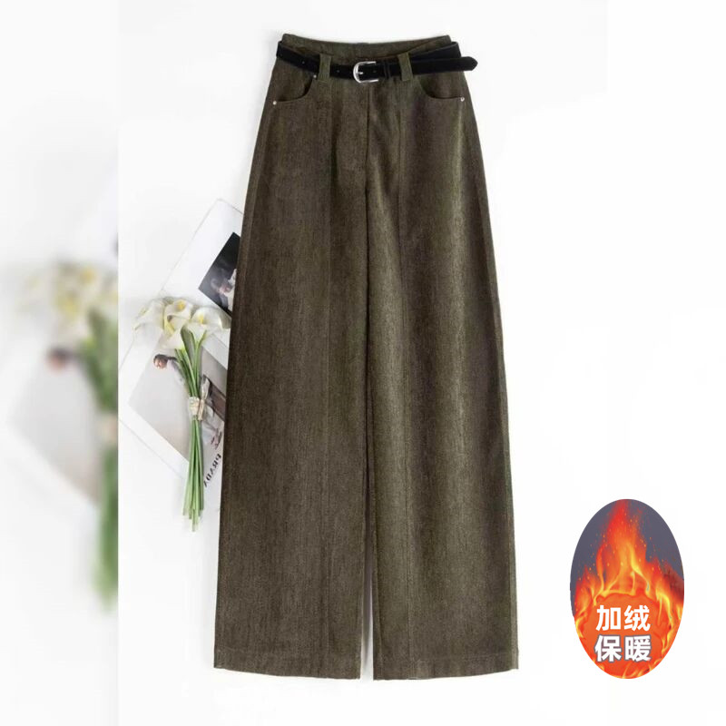 芥绿色加厚灯芯绒阔腿裤女2025秋冬流行爆款宽松显瘦垂感直筒裤子
