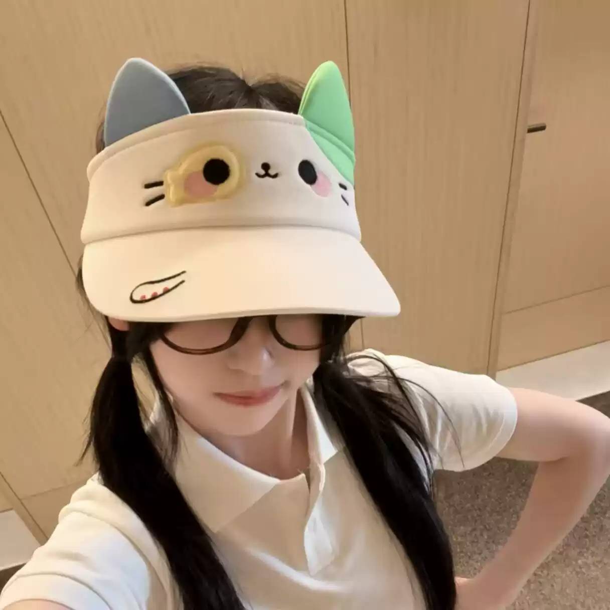 小花猫空顶帽可爱卡通遮阳帽女生夏季户外大帽檐防晒抗UV帽