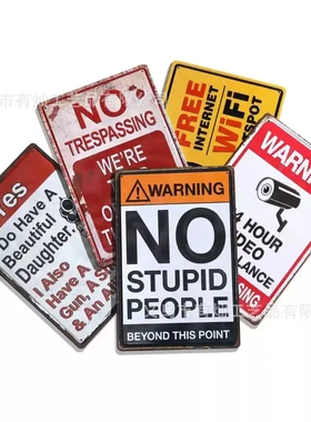 美式复古铁皮画挂件Warning Metal Sign警告标志酒吧墙壁墙面装饰