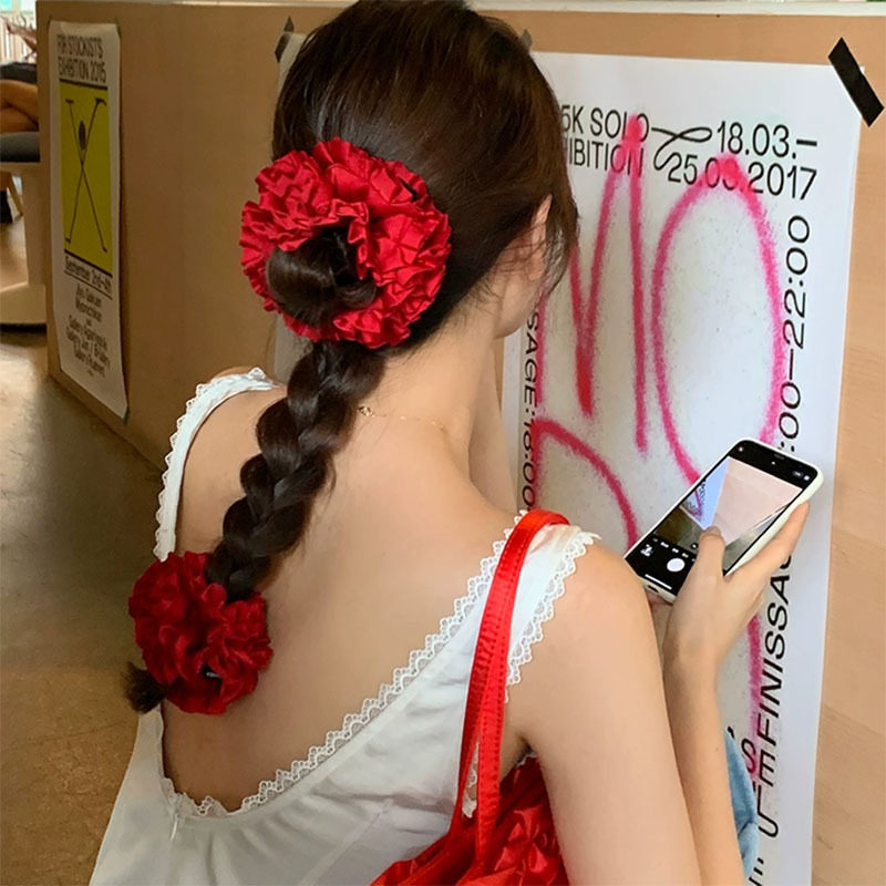 mona同款立体缎面发圈绣球花大肠发绳头花法式高级感褶皱扎发头绳