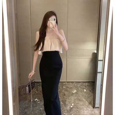 大码新款绝美假两件包臀拼接高端