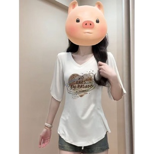 t恤女夏2025新款 白色V领掐腰五分短袖 显瘦遮肉宽松慵懒风百搭上衣