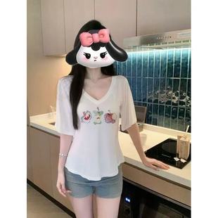 2025年新款 上衣潮 洋气白色v领短袖 t恤女减龄宽松遮肚子显瘦五分袖