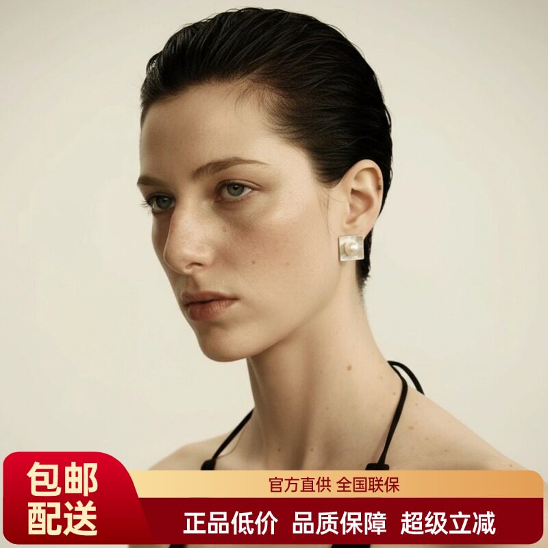 FataViam新款S925纯银镶嵌天然珍珠方块方形耳环耳钉女小众高级感