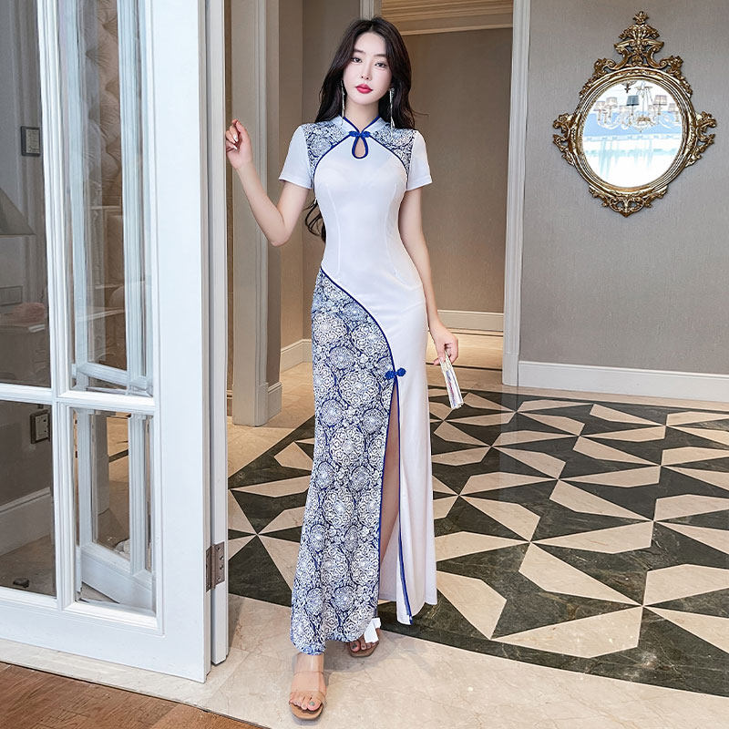 中国风复古长款旗袍长裙性感夜场KTV佳丽晚礼服桑拿技师工作服女