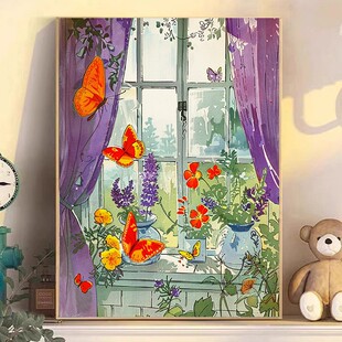 新款DIY手工全粘贴钻方钻满钻钻石画钻石绣窗台紫色窗帘红色蝴蝶