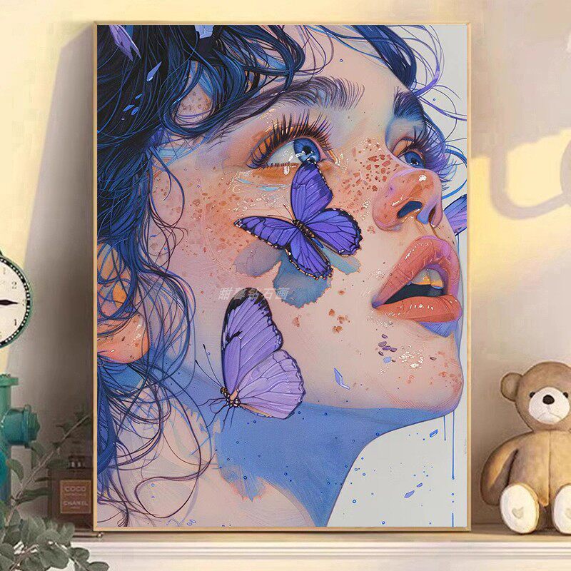 新款现代简约DIY粘贴点钻方钻满钻钻石画钻石绣美女脸上紫色蝴蝶