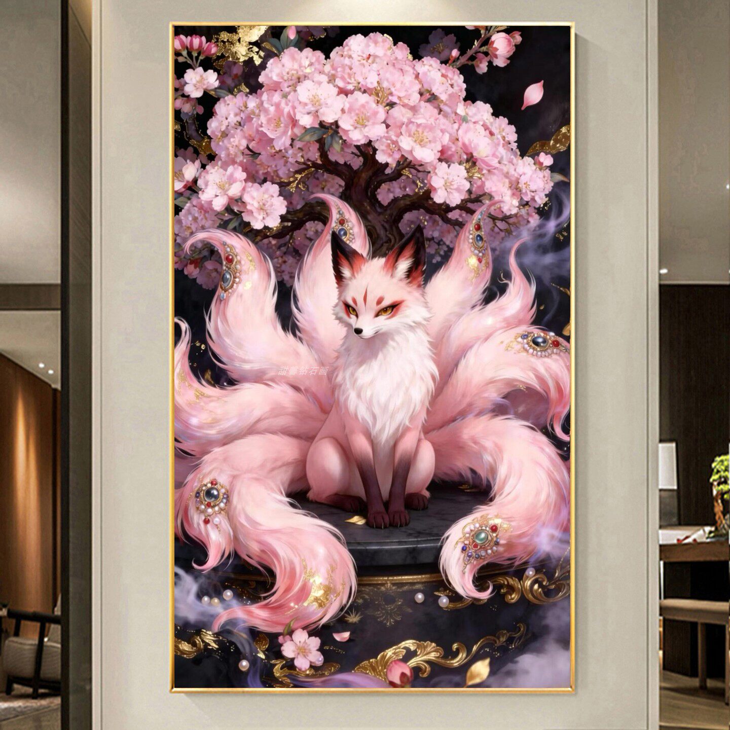 DIY手工贴钻方钻满钻钻石画砖绣粉色樱花树下的粉色九尾狐玄关二