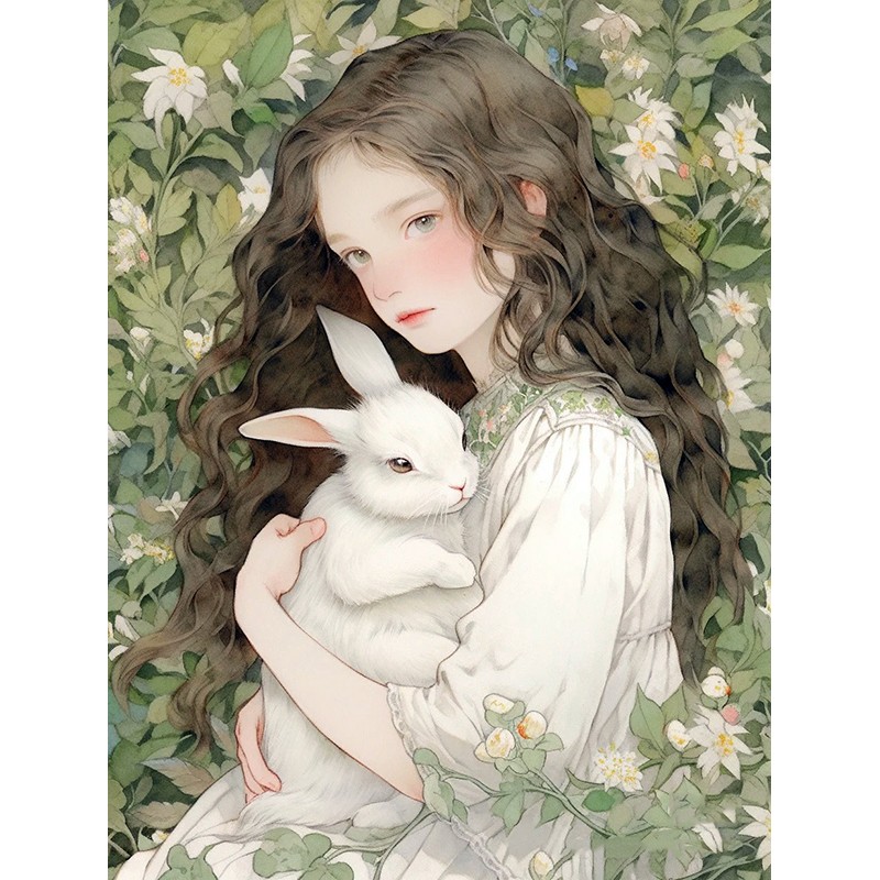 文艺动漫卡通DIY方钻满钻钻石画钻石绣美少女抱小白兔贴钻十字绣