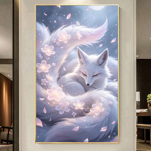 古风DIY树脂方钻满钻石画花瓣桃花白色九尾狐玄关贴钻钻石绣带钻