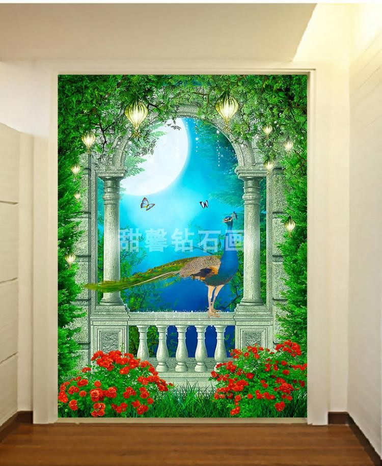 欧式门厅diy方钻满钻钻石画唯美鲜花孔雀台玄关竖版钻石绣十字绣