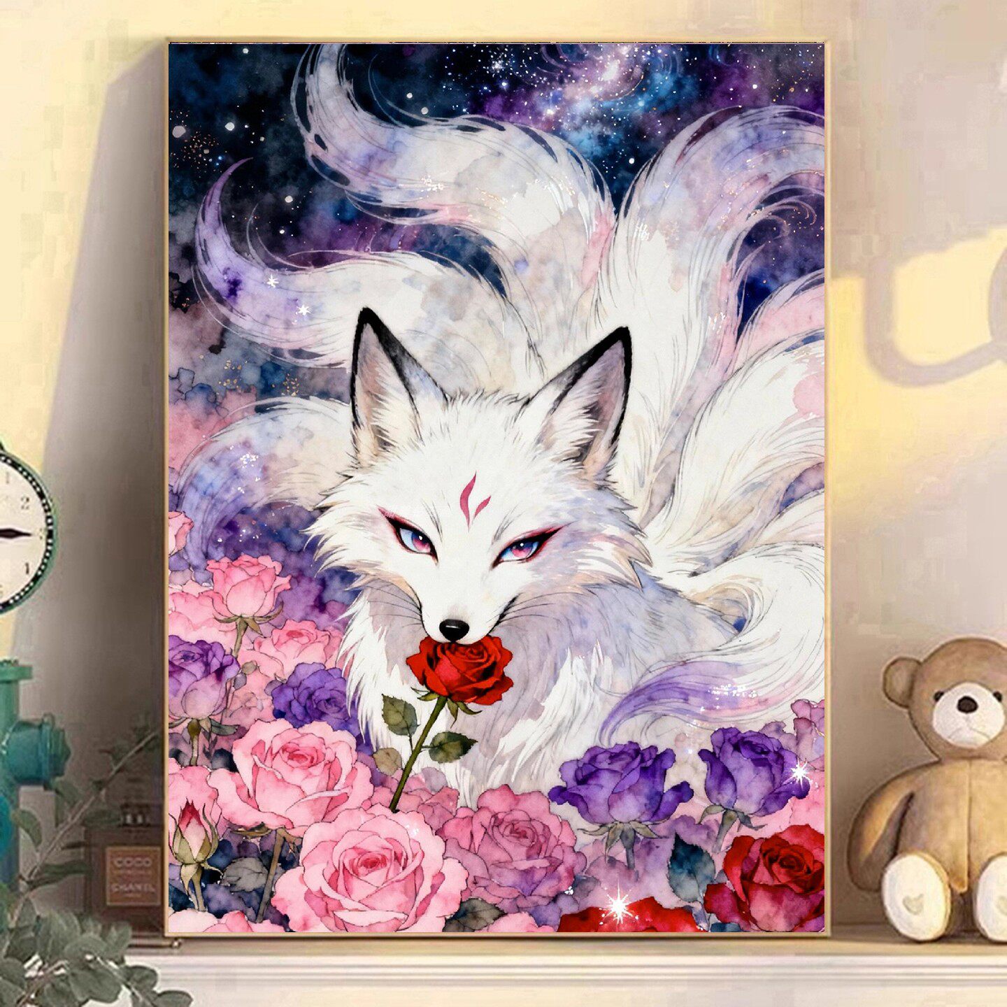 DIY手工贴钻点钻树脂方钻满钻钻石画钻石绣玫瑰花白色九尾狐狸