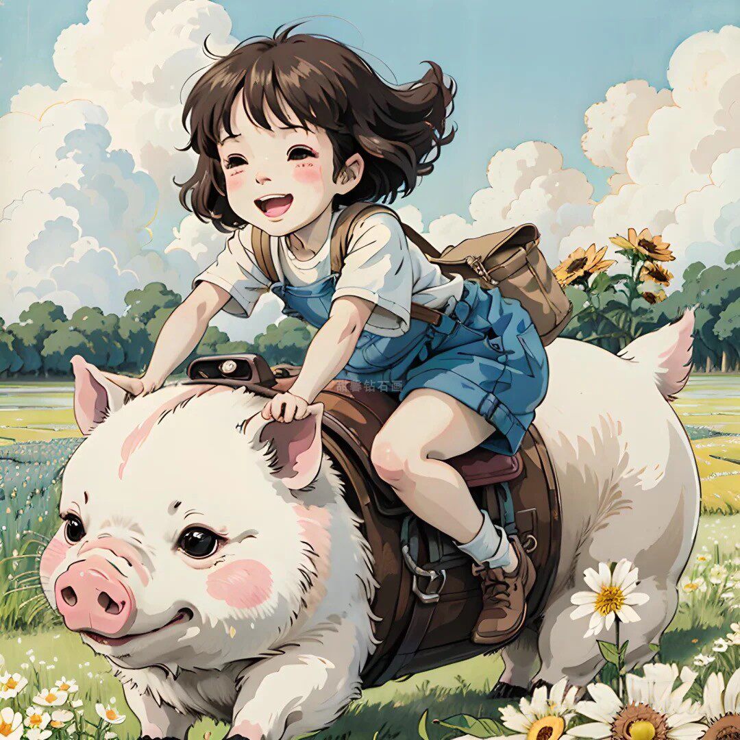 动漫卡通diy方钻满钻钻石画小女孩骑猪猪手工贴钻印花十字绣带钻