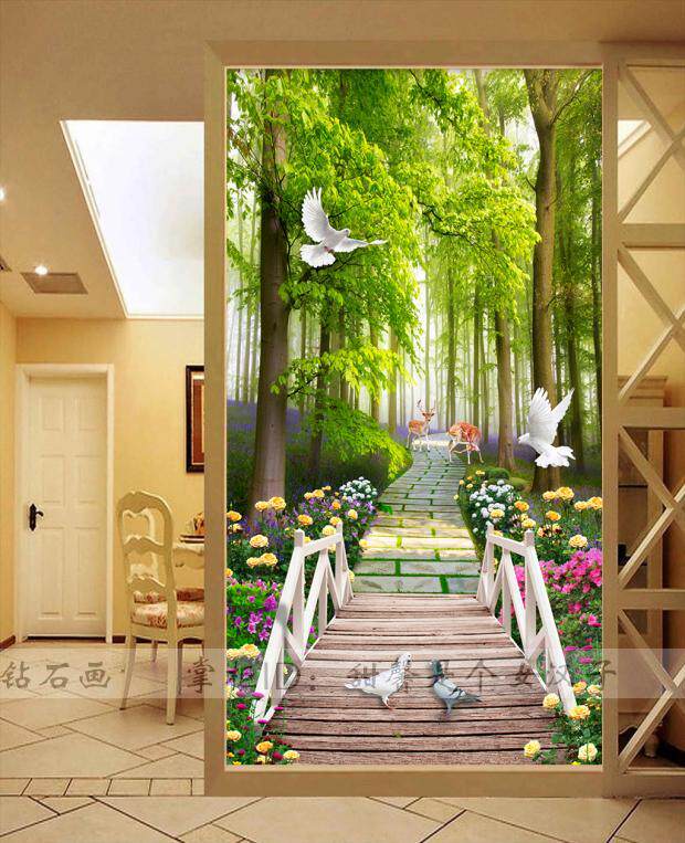 客厅走廊竖版钻石画钻石绣满钻方钻5d十字绣绿色树林麋鹿小路玄关