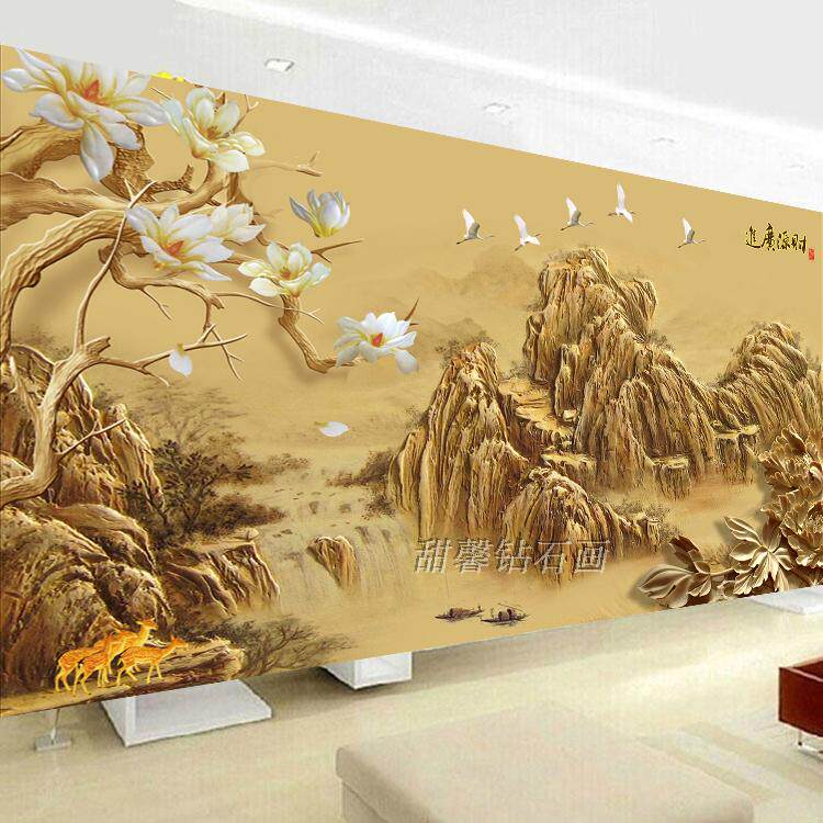 客厅新款钻石绣印花十字绣满钻钻石画彩雕玉兰花财源广进山水画