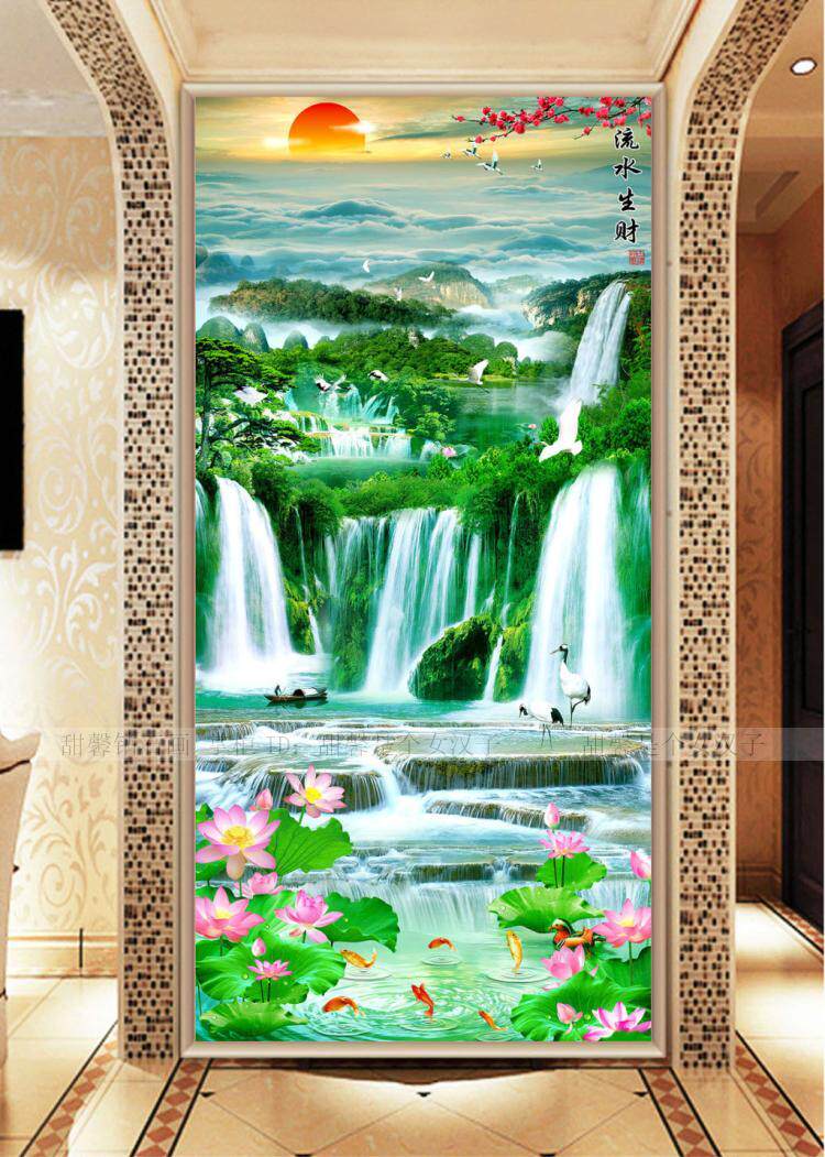 客厅走廊方钻满钻钻石画贴钻十字绣流水生财九鱼图山水风景画玄关