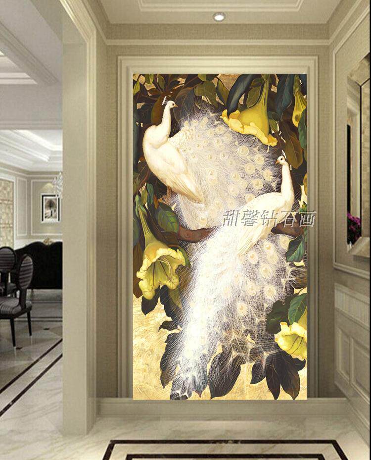 欧式走廊全沾贴方钻满钻砖石画十字绣简约现代白孔雀情侣玄关竖版