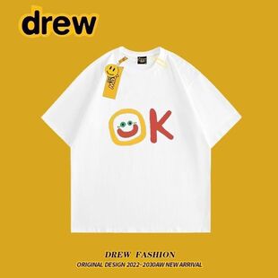 儿童棉质drew美式复古OK字母印花短袖t恤男女潮牌街头宽松棉上衣