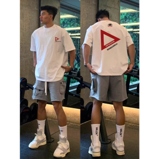 上衣 T恤男夏宽松百搭青少年圆领潮牌半袖 美式 高街风重磅印花短袖