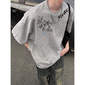 上衣青少年 T恤男女夏国潮宽松重磅纯棉半袖 美式 高街花卉印花短袖