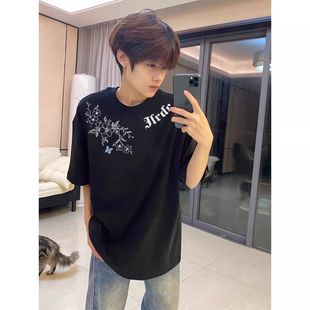 上衣 T恤男宽松百搭国潮青少年潮牌半袖 美式 高街花卉印花纯棉短袖