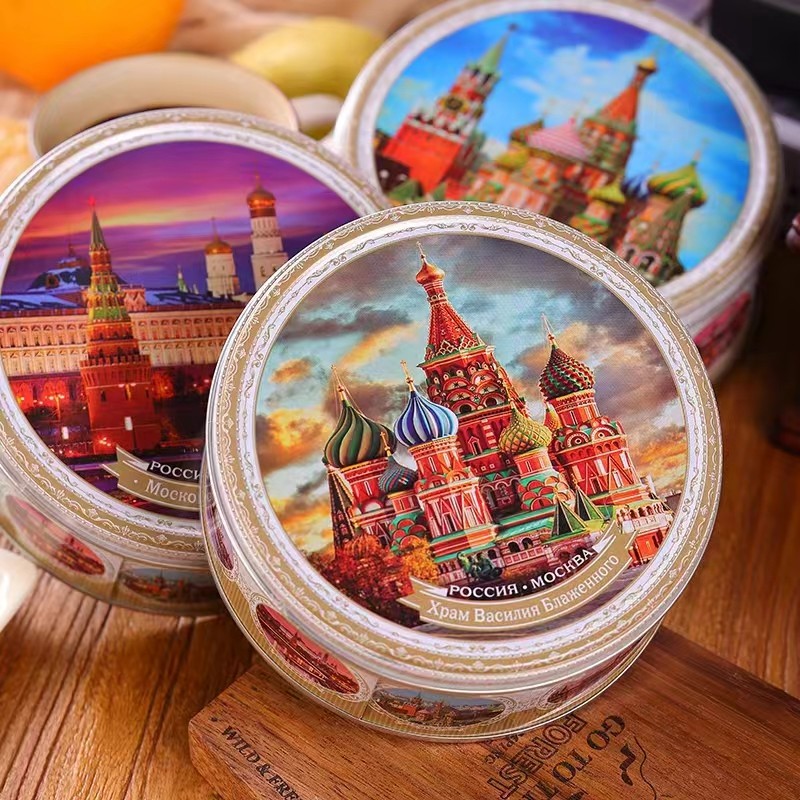 俄罗斯斯拉贡牌莫斯科城堡铁盒装红场圣瓦西里教堂曲奇饼干150克