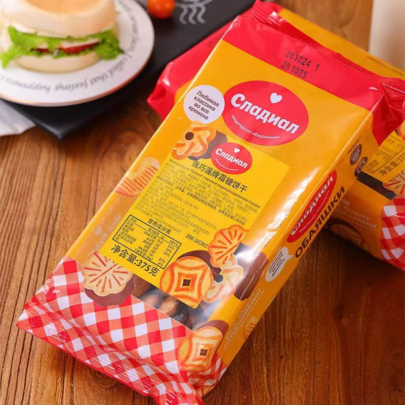 俄罗斯原装进口俄巧莲牌霜糖饼干375克牛奶巧克力儿童早餐零食茶