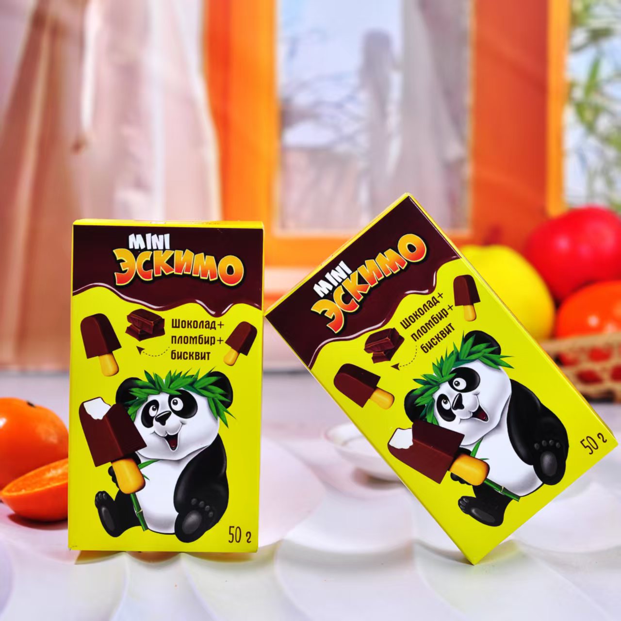 俄罗斯进口巧克力冰激凌味饼干草莓香蕉冰淇淋熊猫卡通儿童50克盒
