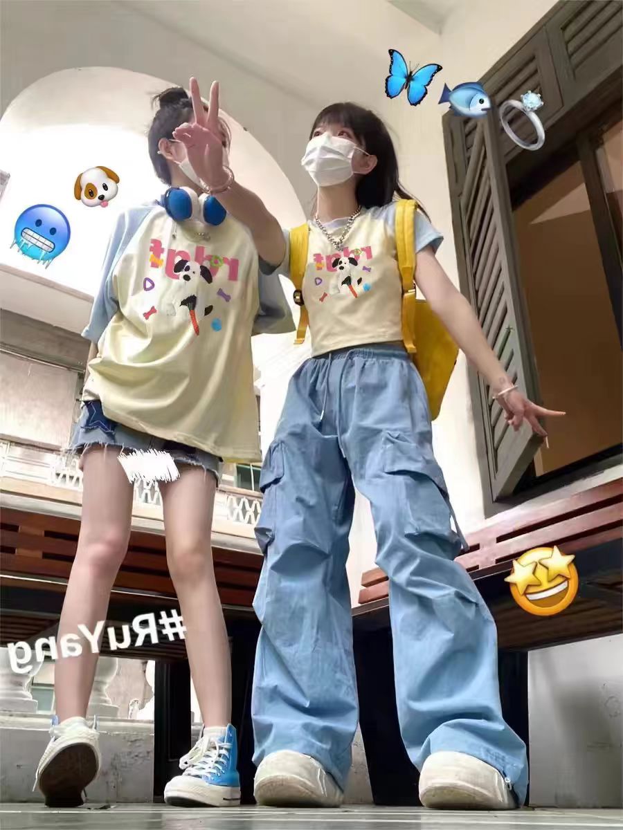 夏季y2k甜辣妹短款小众多巴胺正肩T恤女闺蜜装插肩短袖小个子上衣