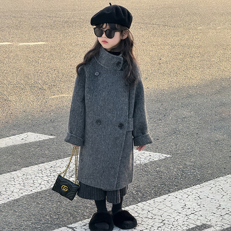 BASICHAPPY韩国童装秋冬全羊毛呢外套儿童双面羊绒大衣女童中长款