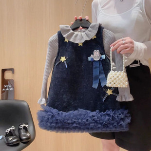 女童兔子警官夹棉连衣裙2025冬季加厚新款宝宝洋气时尚网纱背心裙