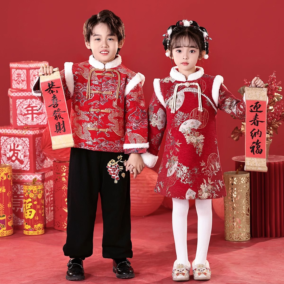 元旦儿童演出服喜庆男女童拜年服幼儿园舞蹈表演服装中国风开门红