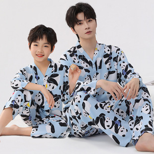 棉绸亲子装一家四口三口绵绸睡衣女童父子母女全家衣服家居空调服