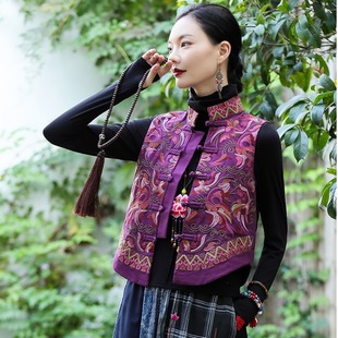 包邮 中国风复古特色外搭 秋冬重工刺绣盘扣唐装 立领棉麻 女马甲