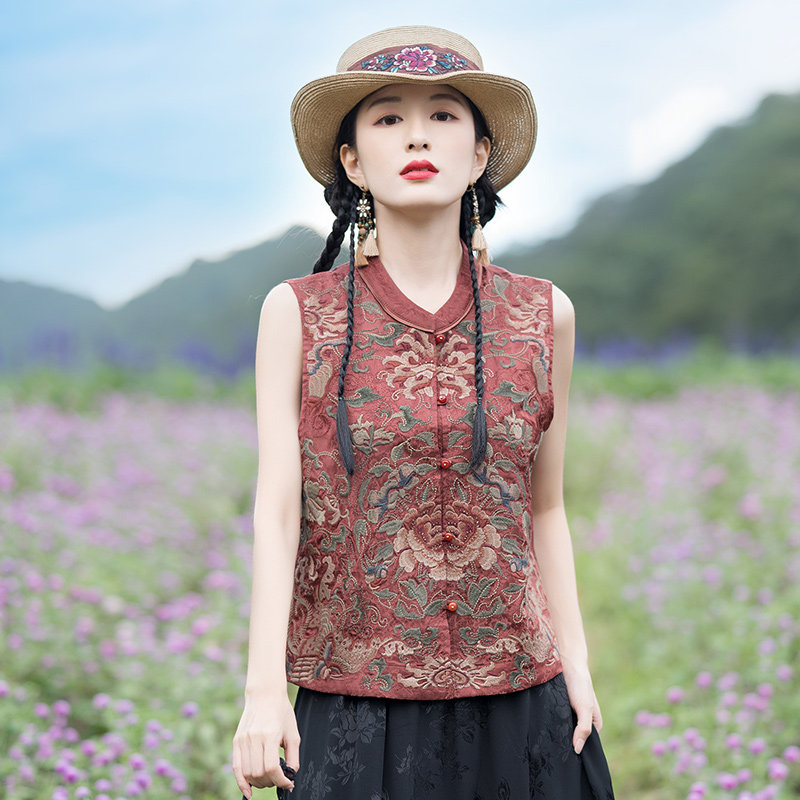 2025春秋复古重工刺绣唐装 小立领无袖开衫外搭 新中式特色女马甲