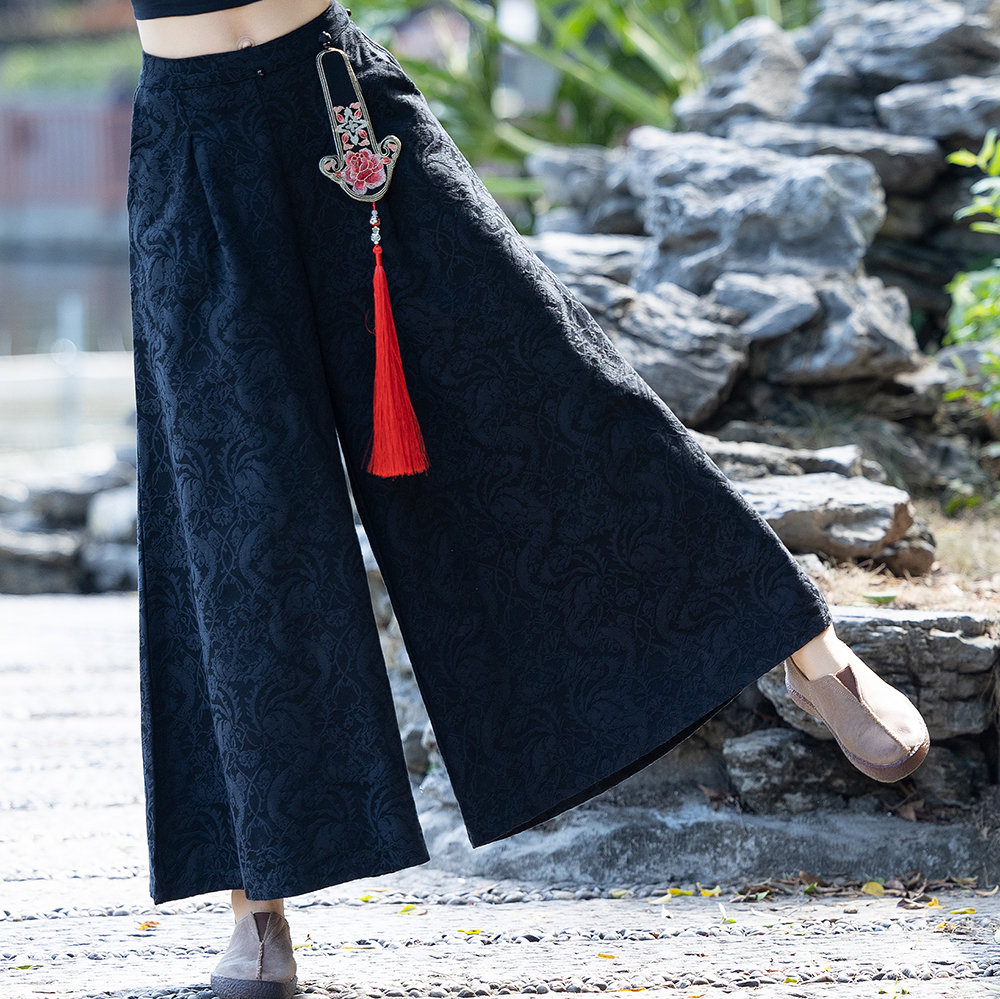 包邮中国风复古宽松大脚裤 后松紧提花棉双口袋 流苏配饰阔腿裤女