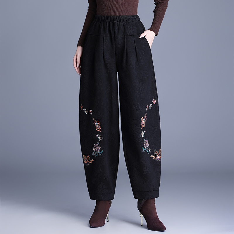 2025冬季复古加绒加厚萝卜裤 松紧腰显瘦刺绣花灯笼裤 女靴裤口袋