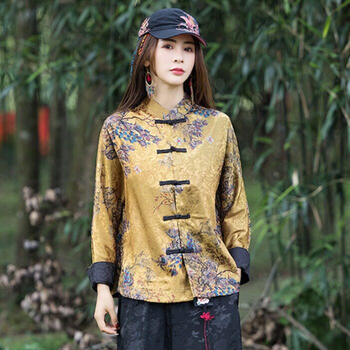 包邮 中国风特色复古唐装 绸缎提花盘扣宽松上衣 春秋开衫 女衬衣